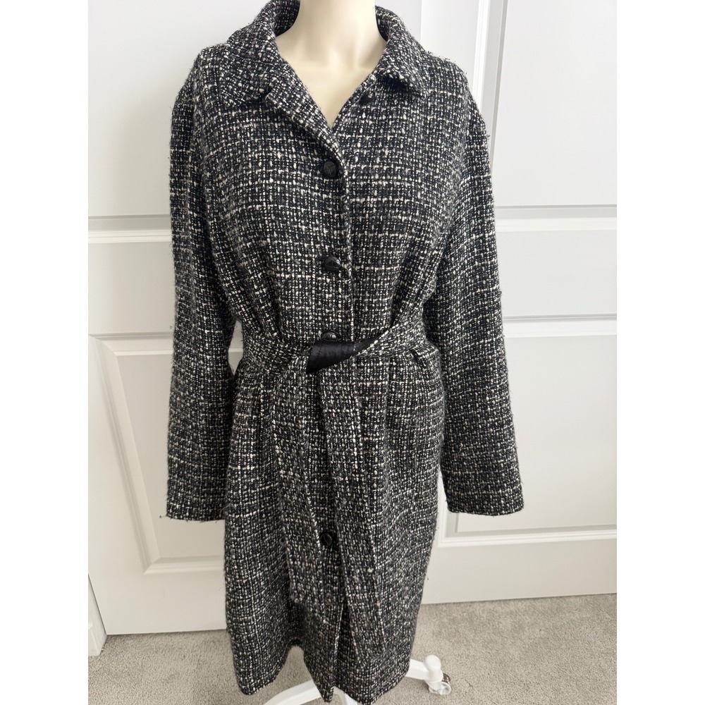 Gap Womens XL Black White Wool Blend Tweed  Belted Trench Coat Button Front XL